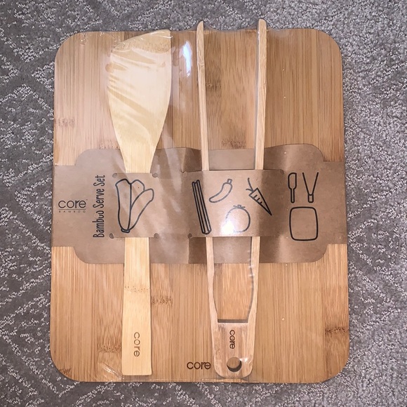 Core Bamboo Serve Set Cutting Board Tongs Spoon - Picture 1 of 2